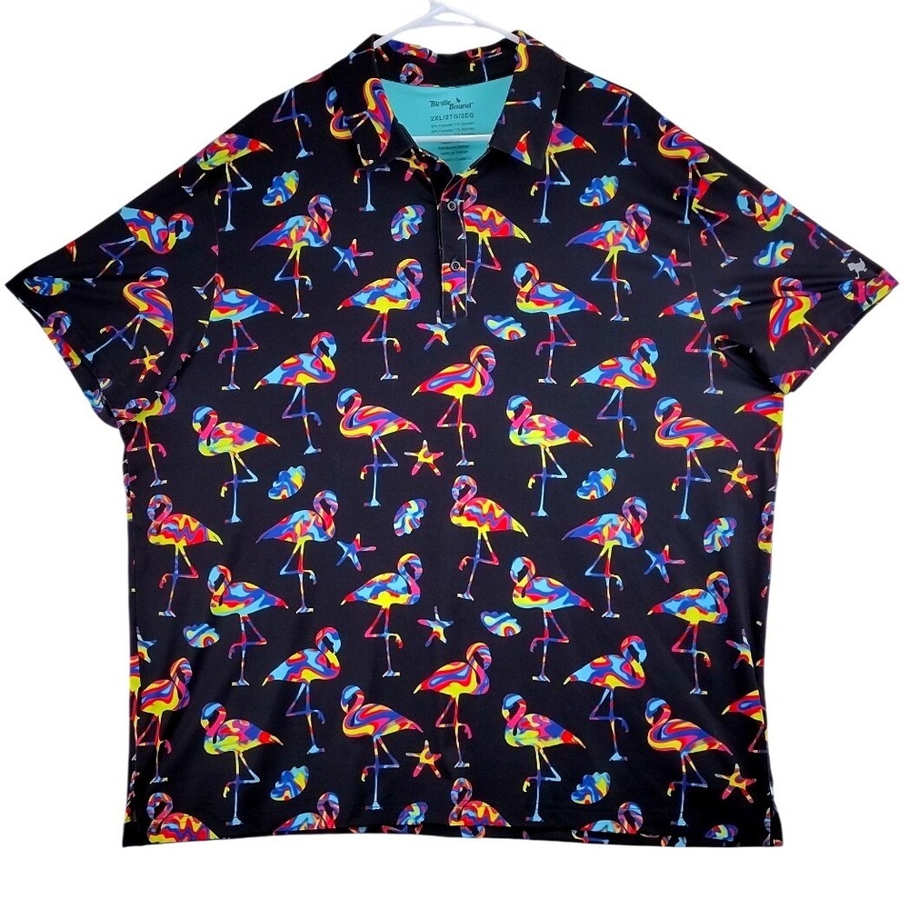 Birdie‎ Bound Flamingo Print Golf Polo Mens 2XL Black Multi Performance Stretch